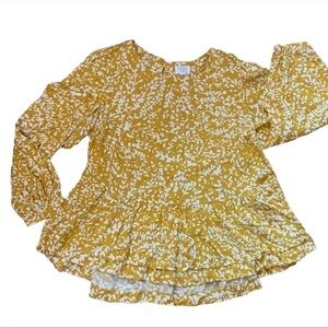 Time and Tru Floral Ruffled Empire Waist Peasant Long Sleeved Mustard Top Size M